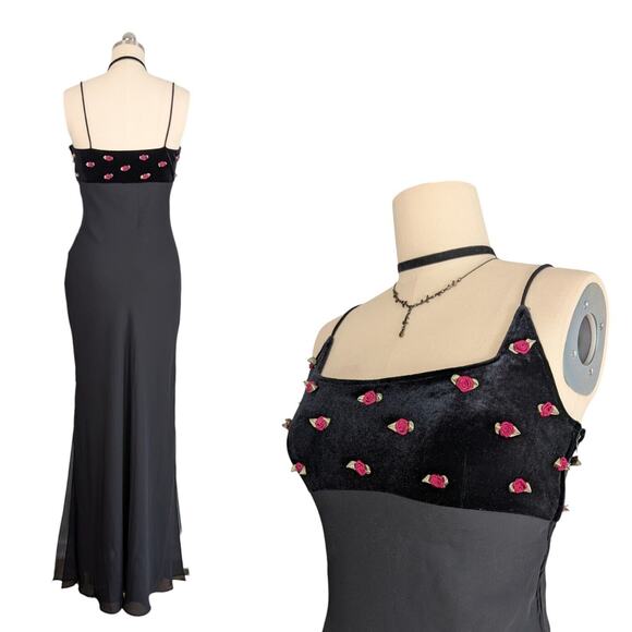 Zum Zum Dresses & Skirts - Vintage Zum Prom Dress Maxi Gown M Black Velvet Goth Y2K Babydoll Floral Grunge